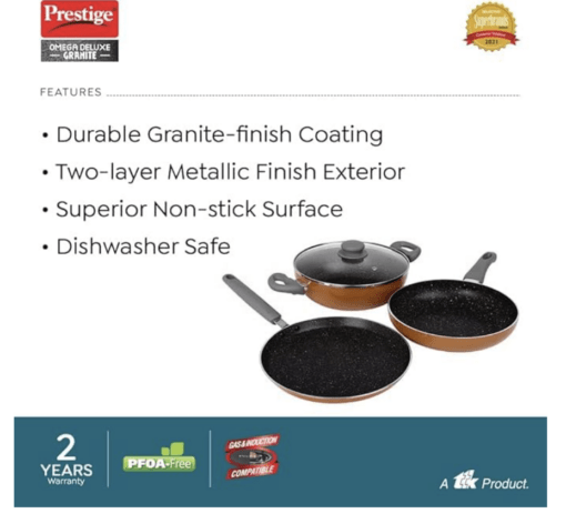Prestige Omega Deluxe Non-Stick Cookware 3 Pc Set |PFOA Free 5-Layer Coating | Omni Tawa 25 cm | Fry Pan 24 cm | Kadai with Glass Lid 24 cm | Brown | Dishwasher Safe - Image 2